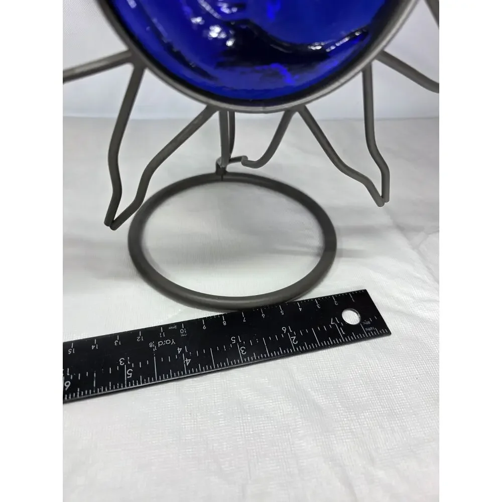 Vintage Blue Cobalt Glass Wrought Iron Candle Holder Celestial Moon Star Sun Sky